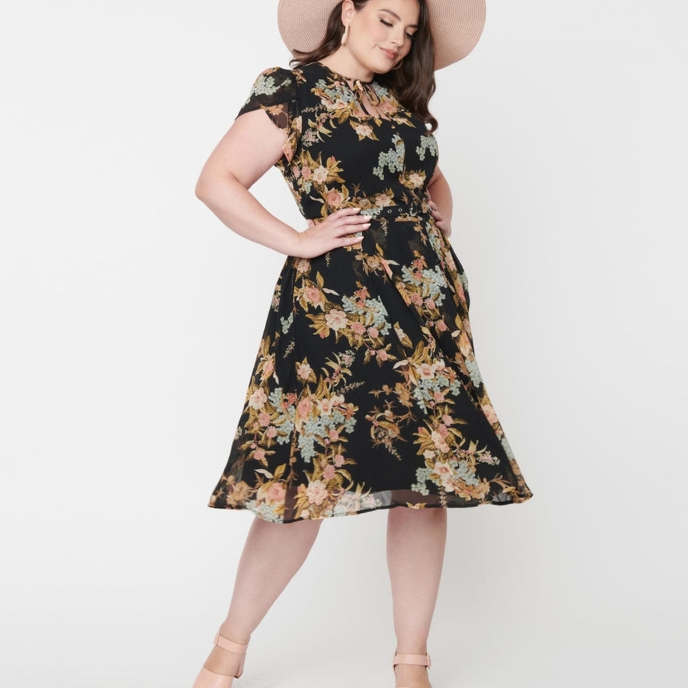 Unique Vintage Black Floral Midi Dress